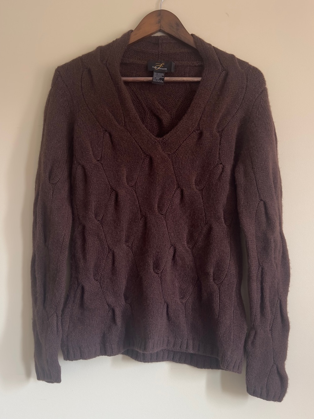 Pure Cashmere 100% Cashmere Cable Knit V-Neck Sweater in Coffee Brown